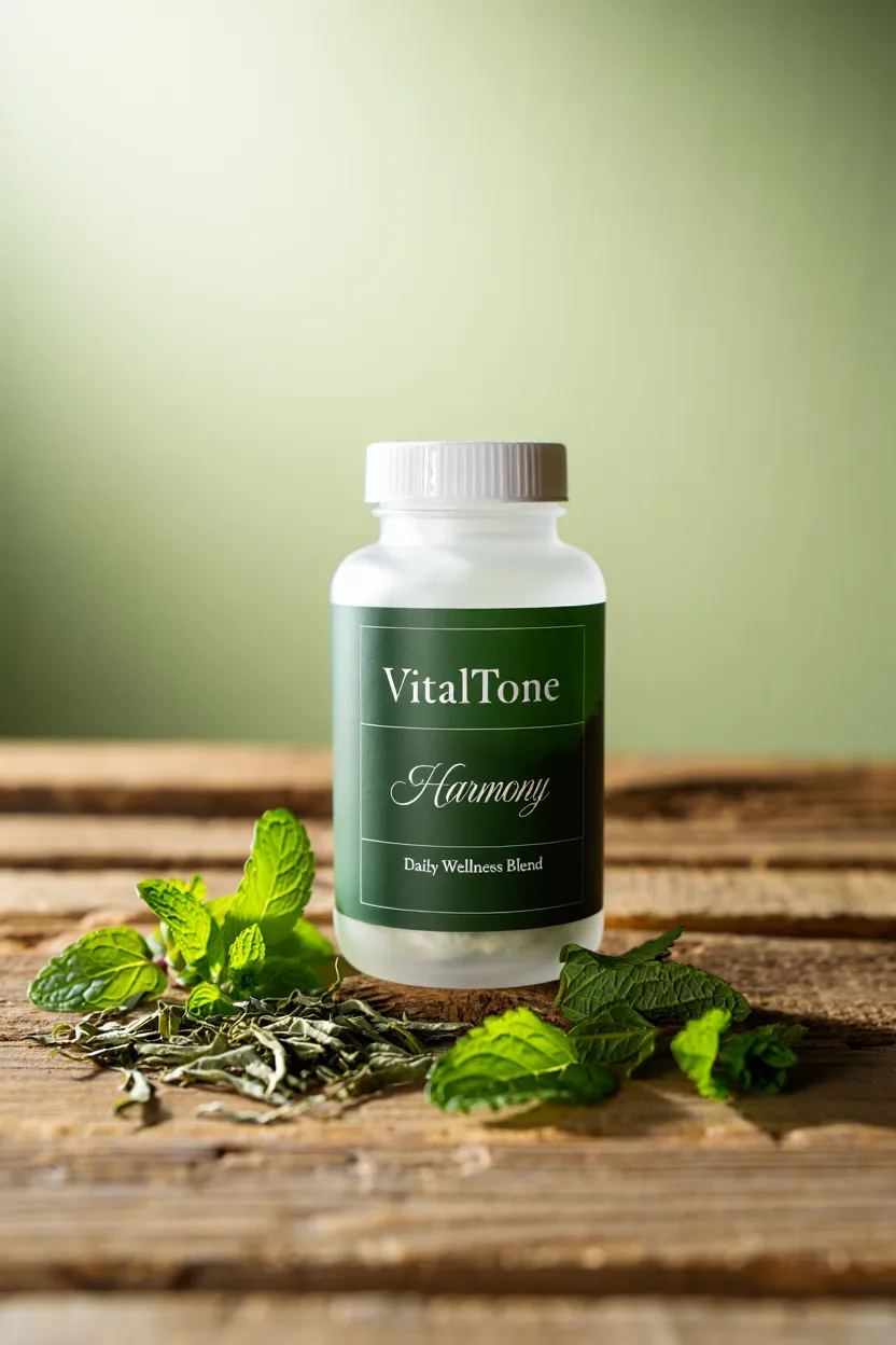 VitalTone Harmony supplement bottle with natural ingredients displayed on a wooden surface